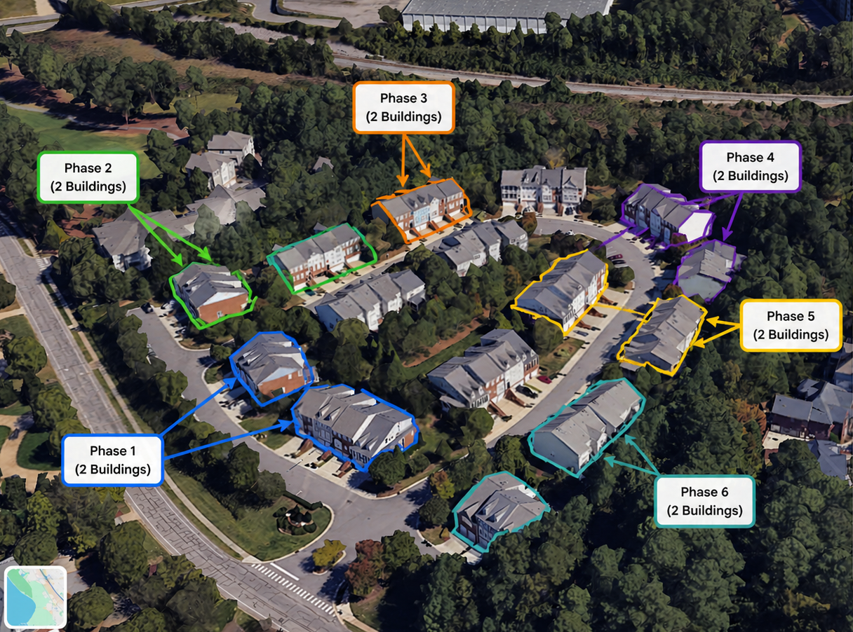 Example aerial community overview showing six color-coded phases, each labeled for two buildings