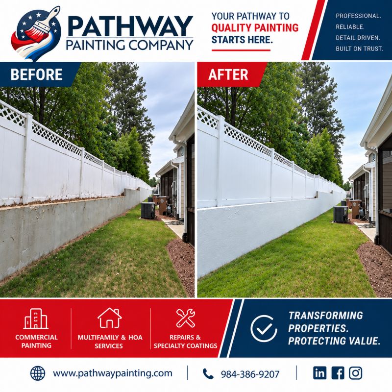 Before and after: a weathered HOA retaining wall restored with a fresh white coating